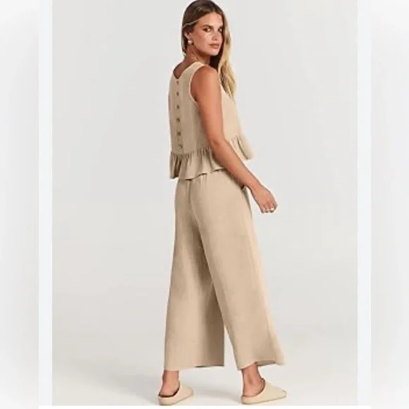 Tan 2 piece Linen Vacation Set NWOT SIZE M - Picture 2 of 8